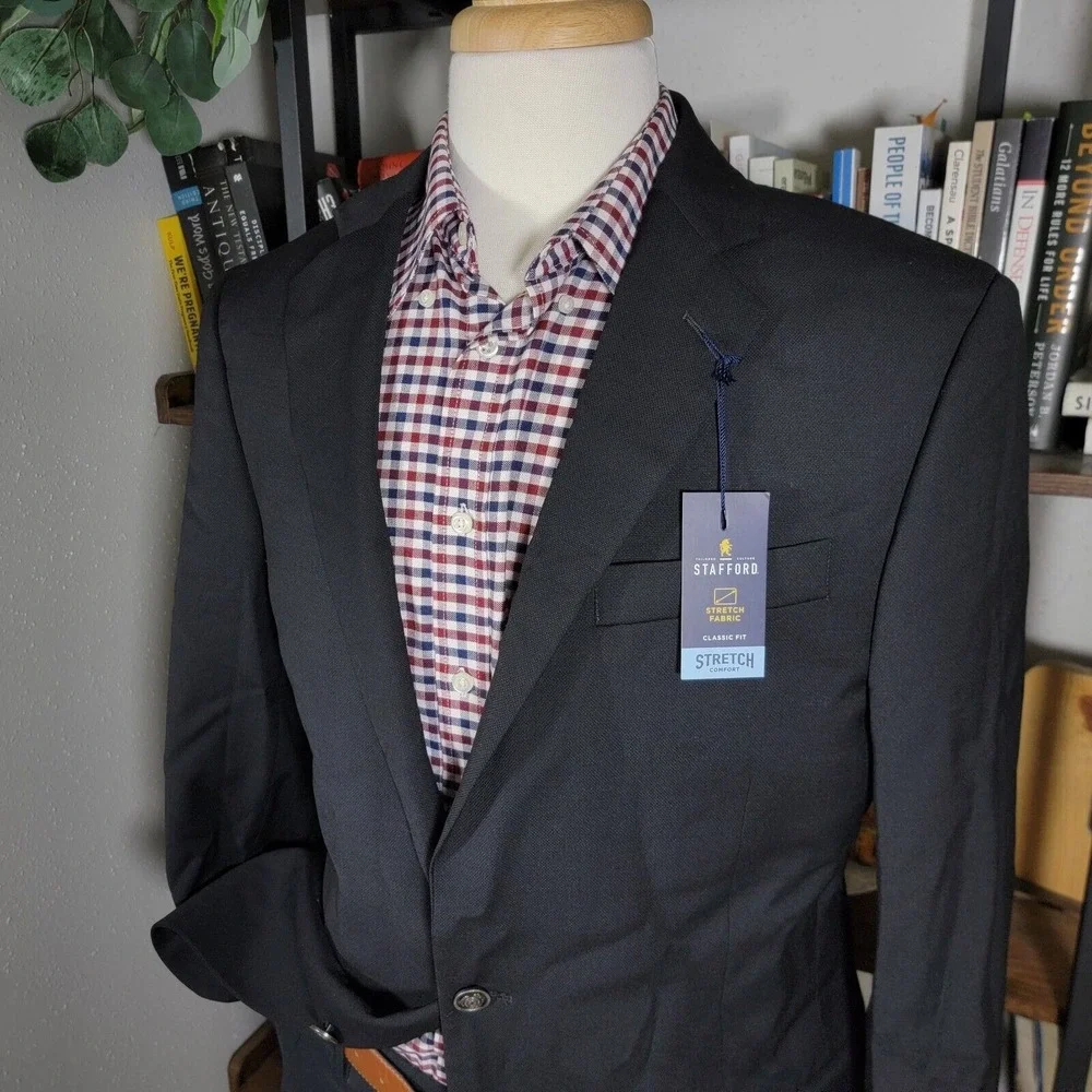 Stafford Men's Hopsack Blazer Two‎ Silver Button Black Wool Blend Classic 42L